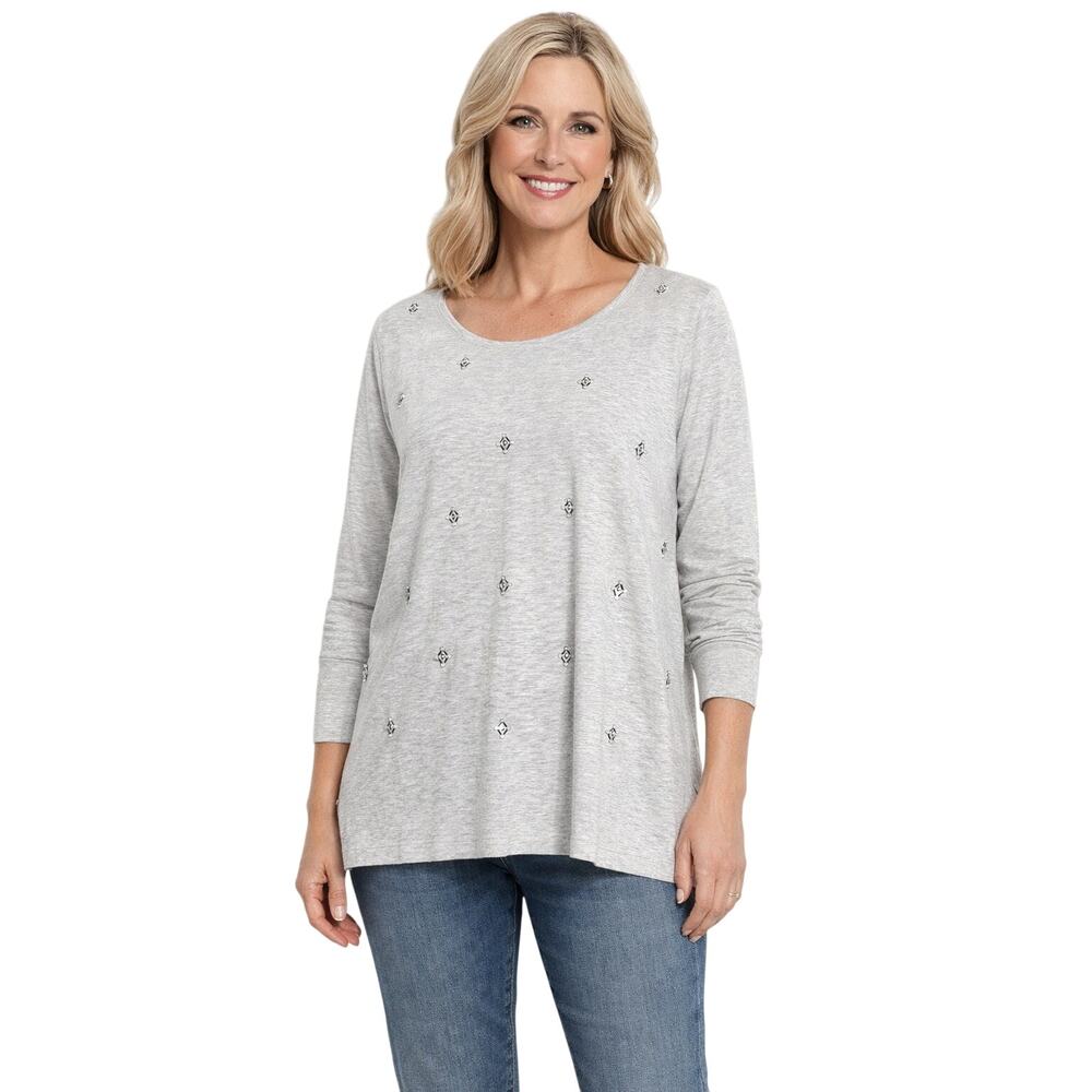 Chico's Elaina Embellished Beaded Heather Gray Long Sleeve T-Shirt Sz 2 LRG